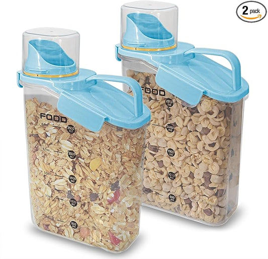 Two Pack Food & Cereal Storage Container - 2.6L Airtight Plastic Kitchen Organizer Bin with Pouring Spout, Measuring Cup Lid, Ideal for Dry Food, Rice, Sugar, Pet Food dispenser - BPA free (Blue)