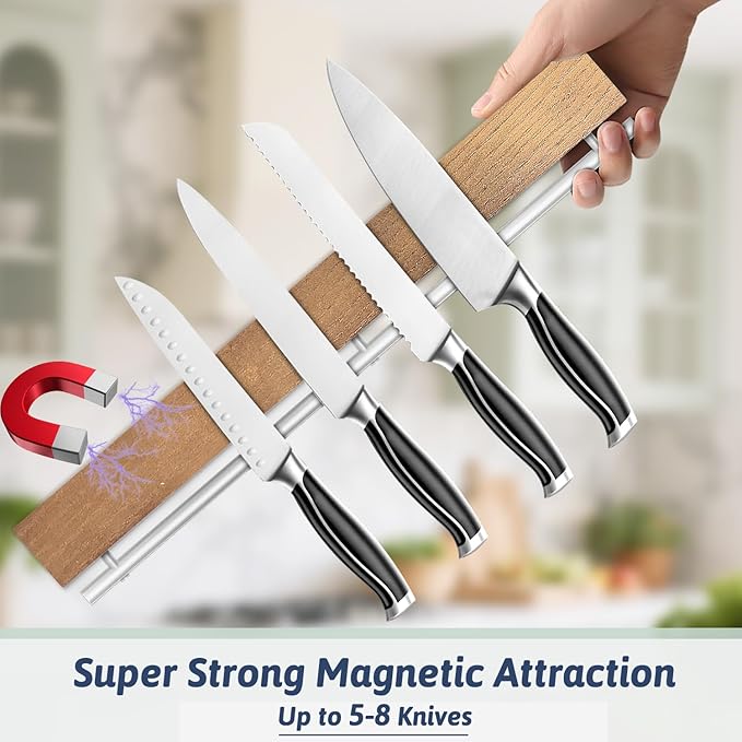 17 Inch Magnetic Knife Holder for Wall - Pailexin Wooden Magnet Knife Strip No Drill with 10 Hooks/Adhesive Tape/Screws, Kitchen Utensil Holder, Magnetic Knife Organizer, Wall Mounted Knife Storage
