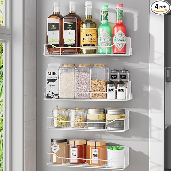 Magnetic Spice Rack for Refrigerator, 4 Pack Metal Strong Magnet Spice Organizer Shelves, Magnetic Fridge Shelf for Kitchen Seasoning Organizer Gadgets, Home Organization and Storage (White)