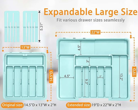 Homecor Silverware Organizer - Expandable Large Kitchen Drawer Organizer Utensil Organizer with 2 Knife Block Inserts, 22"x 19"Cutlery Tray with Drawer Dividers for Kitchen Flatware (Turquoise)