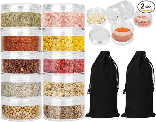 2 Sets 5 Layers Clear Portable Travel Spice Jars, Multi Camping Spice Containers with Organizer Bag, Stackable Spice Salt and Pepper Set for Outdoor Cooking, Camping, Traveling, Barbecuing