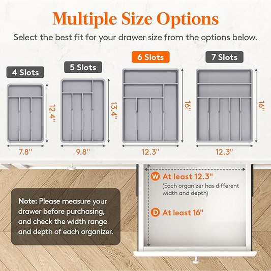 Lifewit Silverware Tray, Deep Wide Cutlery Drawer Organizer Storage for Kitchen, Plastic Flatware Utensil Holder Divider for Spoons Forks Knives Tableware, 6 Compartment, Gray