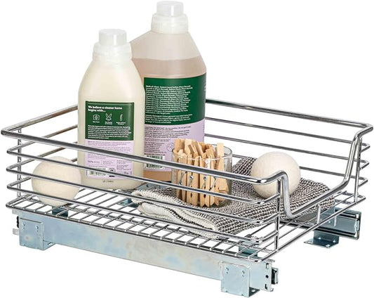 Household Essentials Glidez Chrome-Plated Steel Extended Depth 1-Tier Sliding Under Sink Cabinet Organizer, Chrome