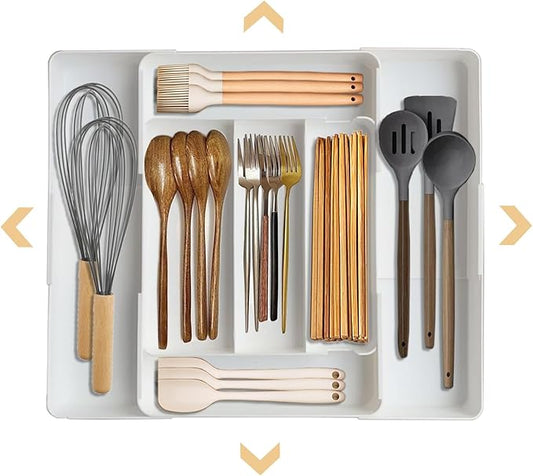 Utensil Organizer Silverware Drawer Organizer for Utensil Holder expandable in four directions W10.63∼20.08×D10.63∼20.08×H2 for Utensil Holder Makeup Desk Drawer Tool Organization (white)