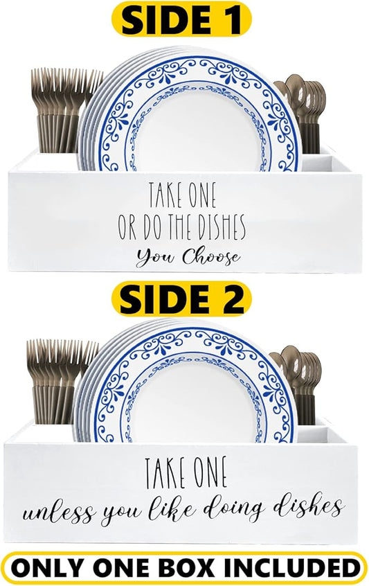 Paper Plate Holder, Plastic Silverware Caddy, Plastic Utensil Dispenser for Party Buffet Camping BBQ, Disposable Spoon Fork Knives Dish Cup Napkin Storage Organizer for Kitchen Counter (White)