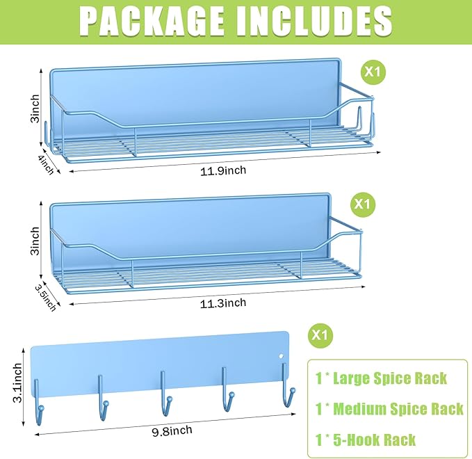 Magnetic Spice Rack for Refrigerator, 3 Pack Metal Magnet Spice Organizer Shelf with Hook Rack, Magnetic Fridge Shelves for Kitchen Organization and Storage, Seasoning Organizer Gadgets (Blue)