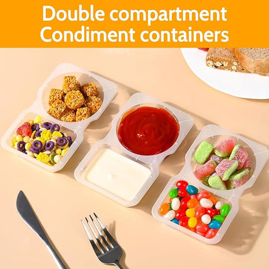 Double Compartment Condiment Containers, 20 Sets, Portion Cups with Lids for Sauce and Snacks (20)