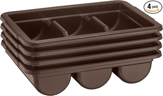 4 Pack - Commercial Cutlery Bin, 3-Compartment Restaurant Kitchen Flatware Tray, Silverware Storage Plastic Container, Condiments Holder, Utensil Organizer Box (Brown)