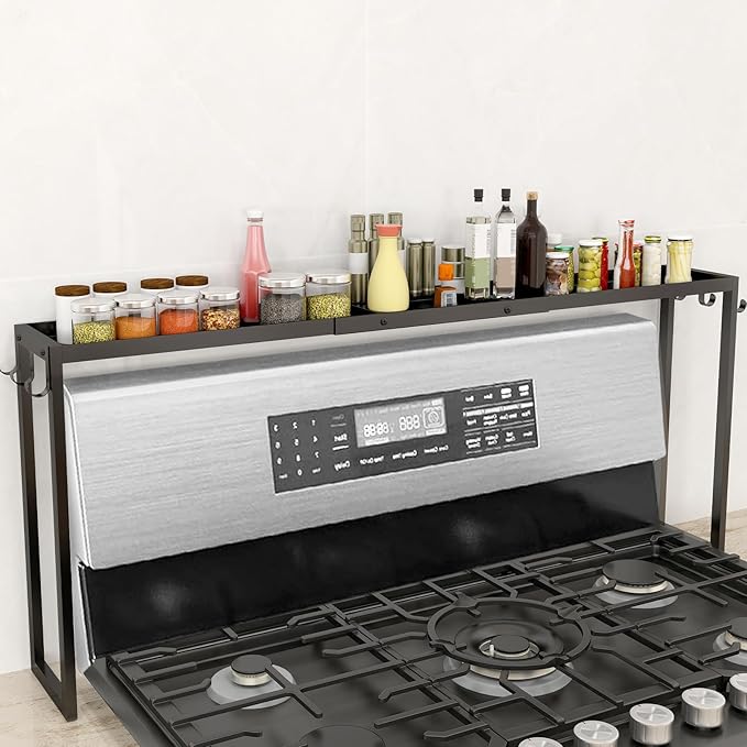 Over the Stove Shelf, 31.5" Stove Top Shelf Spice Rack, Kitchen Countertop Organizer with 6 Hooks, Seasoning Organizer, Black