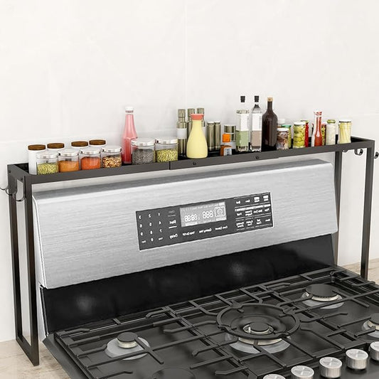 Over the Stove Shelf, 31.5" Stove Top Shelf Spice Rack, Kitchen Countertop Organizer with 6 Hooks, Seasoning Organizer, Black