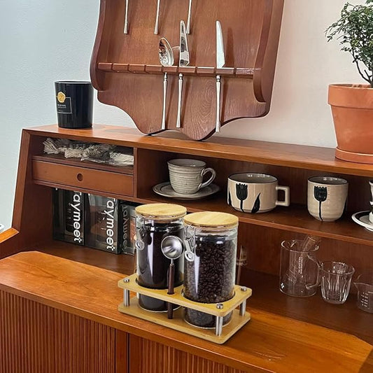 Glass Coffee Grounds Container with Shelf, 2 × 45 oz Glass Coffee Canister with Airtight Locking Clamp,Glass Storage Jars with Metal Spoon for Coffee Bean, Sugar, Nut