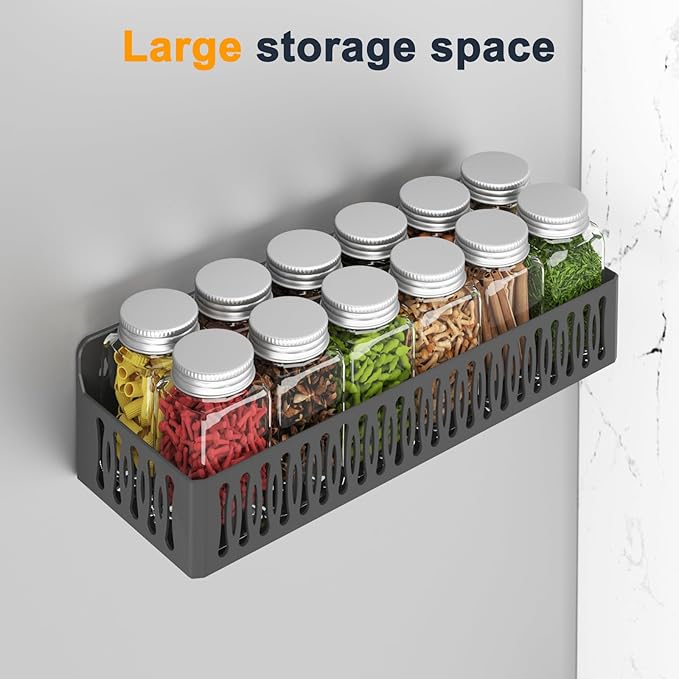 4 Pack Magnetic Spice Rack for Refrigerator, Moveable Magnetic Shelf Fridge Organizer with 4 Hooks and 2 Hanging Cups for Kitchen Organization, Black (Black Large)