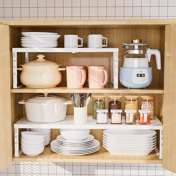 Cabinet Shelf,Expandable Adjustable Stackable Kitchen Organizer,for cabinets, Kitchens, countertops, bathrooms Shelf Organizer(2Packs/White,Medium)
