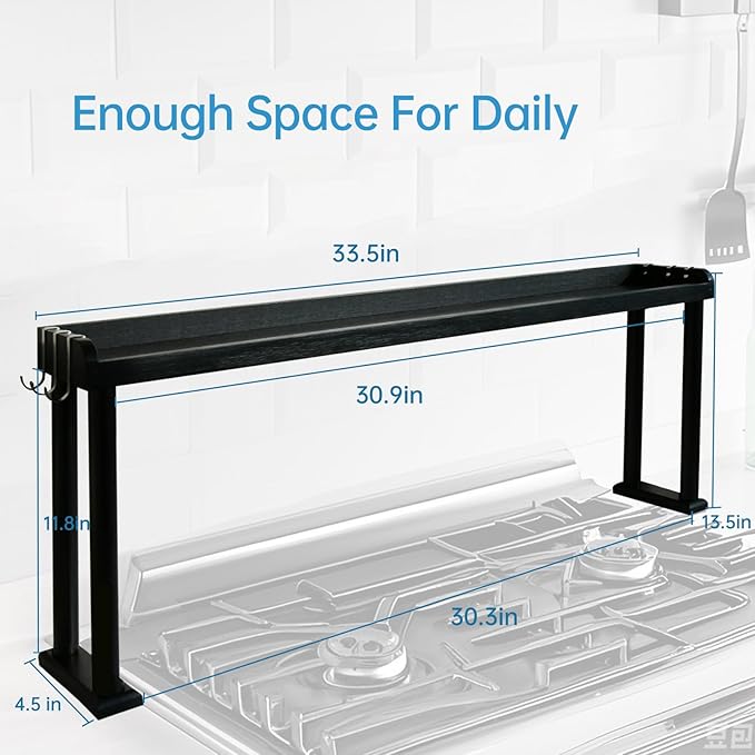 Over the Stove Shelf, Bamboo Stove Top Spice Rack for Kitchen,Wooden Stove Shelf for Back of Stove, Non-slip Countertop Seasoning Organizer with 6 hooks,Easy to Assemble 34.6*5.1*13.4” Black