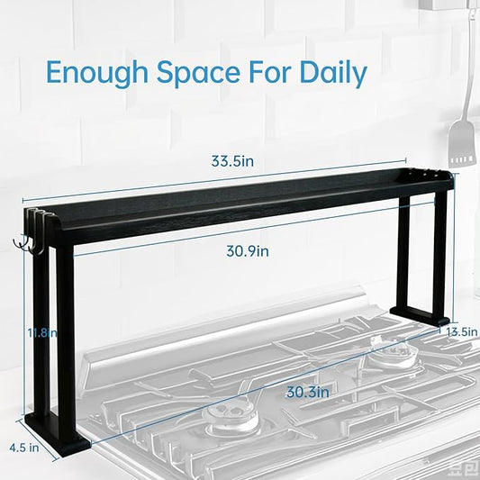 Over the Stove Shelf, Bamboo Stove Top Spice Rack for Kitchen,Wooden Stove Shelf for Back of Stove, Non-slip Countertop Seasoning Organizer with 6 hooks,Easy to Assemble 34.6*5.1*13.4” Black
