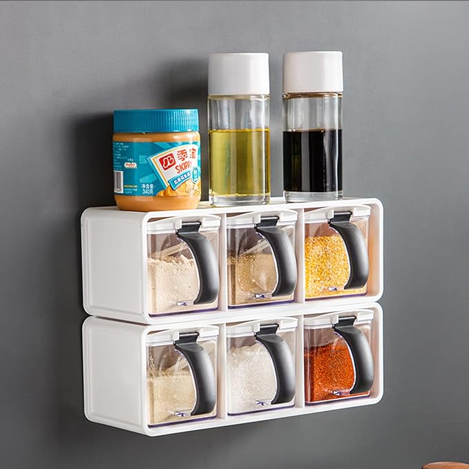 3-Grids Seasoning Box with Tray, Salt Container, Hanging Wall Spice Rack, Kitchen Spice Pot with Spoon, Salt Pepper Sugar Storage Container Jar Cruet for Counter, White