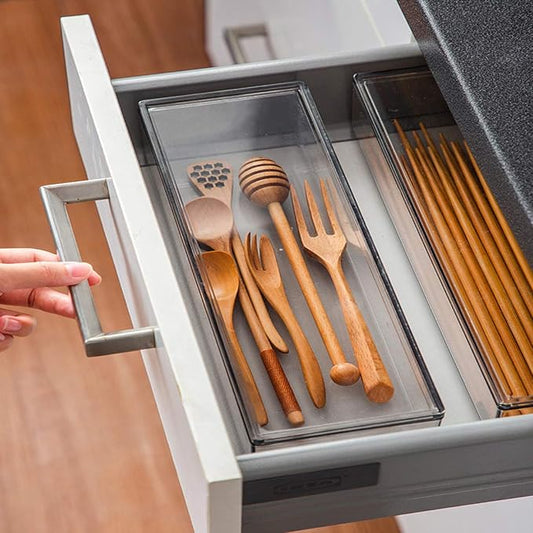 Transparent Flatware Tray Kitchen Drawer Organizer with Lid - Plastic Kitchen Cutlery Tray and Utensil Silverware Storage Container with Cover - Dinnerware Holder for Spoons Forks Knives