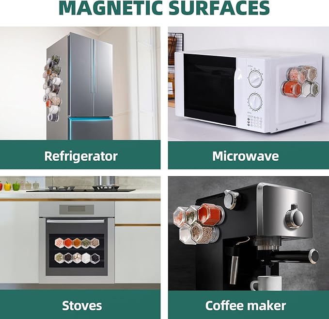 Set of 20 Magnetic Spice Jars for Refrigerator, Glass Small Hexagon Magnet Seasoning Containers with Labels, shaker Lids, Fridge Magnetic Spice Rack Organizer with Jars