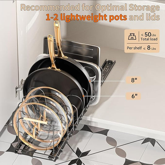 Pots and Pans Organizer for under Cabinet, Pull out Pan Organizers inside Cabinet for Kitchen Cabinet Organizers and Storage with Adjustable Dividers and Handled Divider