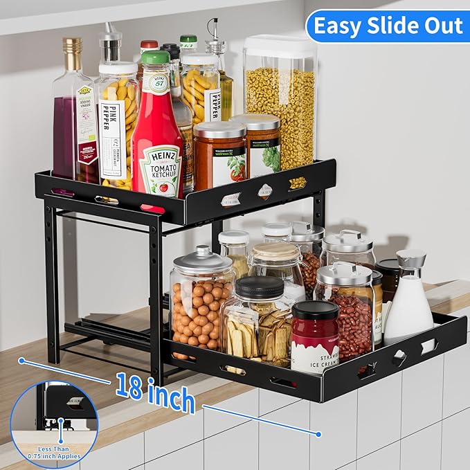 spice organization for cabinet, 2-Tier Cabinet Spice Rack Organizer, Height Adjustable Vertical Spice Rack for Kitchen Cabinet (14.1''Wx10.8''Dx9.2''H, Metal Black)