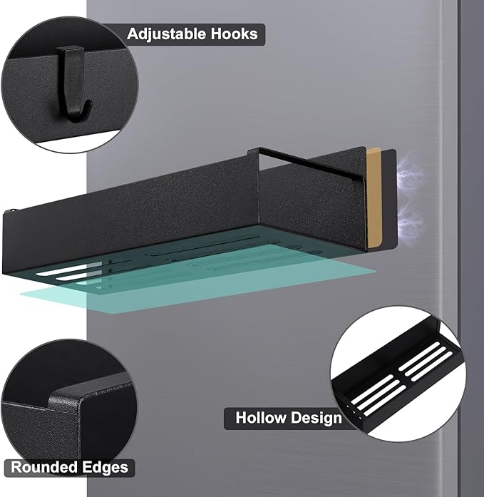 Homaxy Magnetic Spice Rack for Refrigerator，Fridge Organizer for Kitchen Organization and Storage, 4 Pack (Black) Metal Shelf with 8 Moveable Hooks