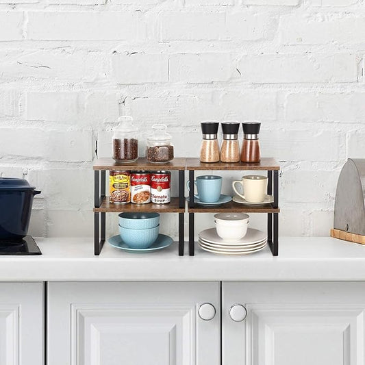ETELI Kitchen Counter Cabinet Shelf Organizer Expandable Stackable Shelves Set of 4 Shelf Risers Small Counter Top Racks for Kitchen Cupboard Pantry, Brown