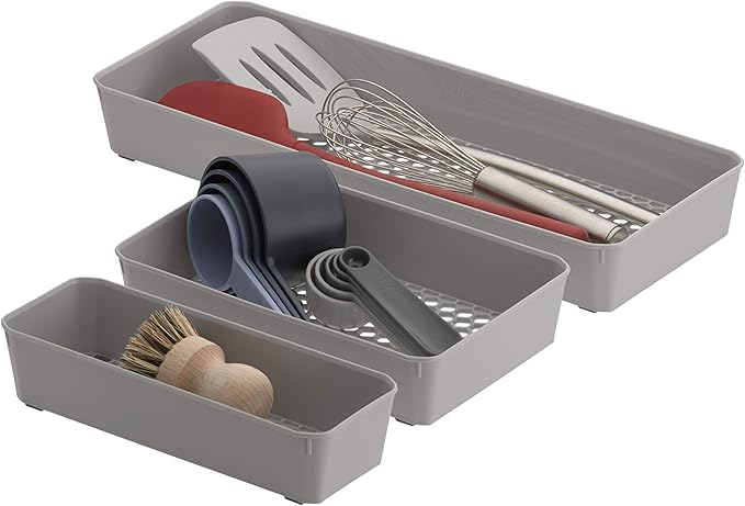 Spectrum Diversified Hexa Drawer Organizer Tray Modern Kitchen Cutlery, Utensil, Silverware Holder, Cabinet Storage, Set of 3, Stone Gray