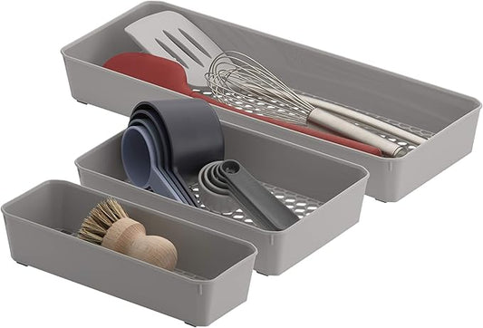 Spectrum Diversified Hexa Drawer Organizer Tray Modern Kitchen Cutlery, Utensil, Silverware Holder, Cabinet Storage, Set of 3, Stone Gray
