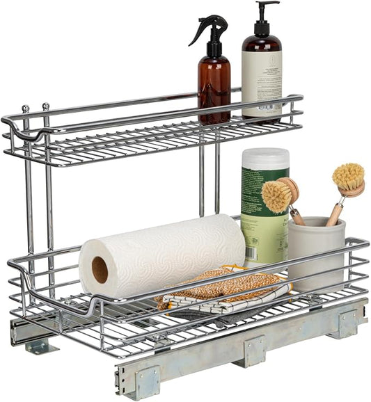 Household Essentials Glidez Multipurpose Chrome-Plated Steel Pull-Out/Slide-Out Storage Organizer for Under Sink or Under Cabinet Use - 2-Tier Design - Fits Standard Size Cabinet or Shelf, Chrome