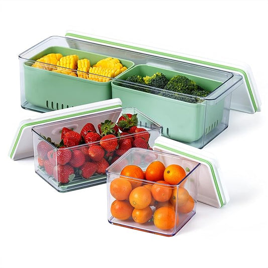 Lille Home Stackable Produce Saver, Organizer Bins/Storage Containers with Removable Drain Tray, Set of Three, for Refrigerators, Cabinets, Countertops and Pantry, BPA Free (Set of Three)