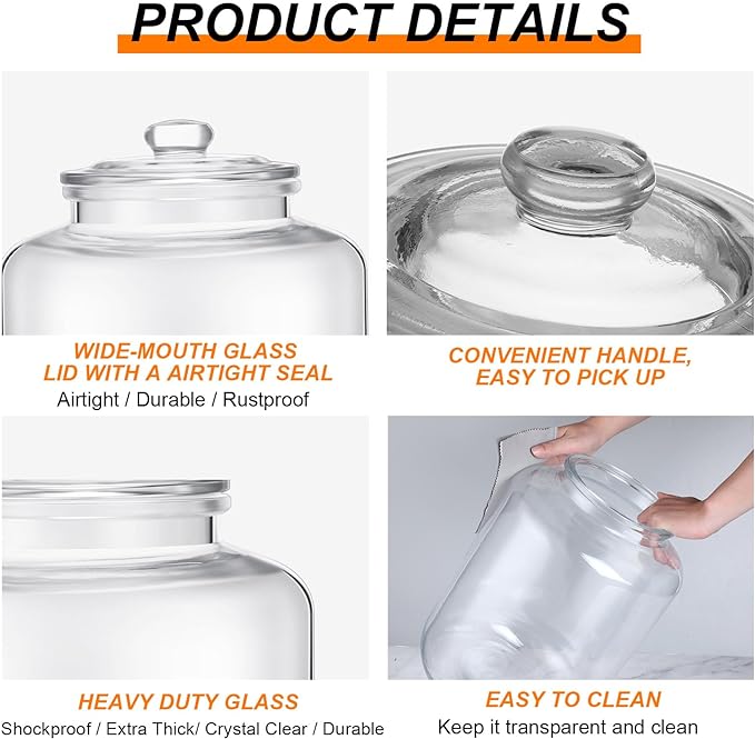 Yaomiao 6 Gallon Glass Jar with Lid Large Cookie Jar Big Opening Airtight Food Storage Canister Canning Pot for Flour Sugar Dog Treat Pasta Candy Glass Containers with Lids for Kitchen
