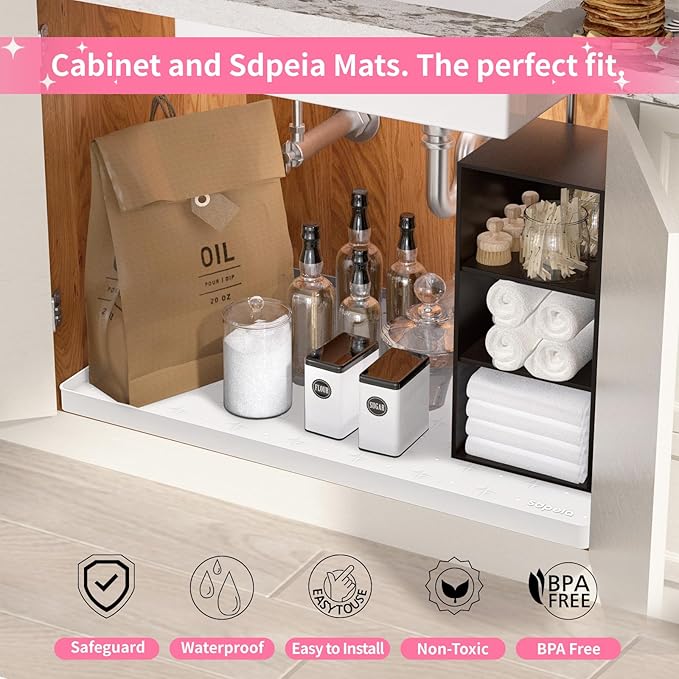 Sdpeia Under Sink Mat for [28" x 22"] Cabinet, Upgraded Silicone Waterproof Mat Kitchen Cabinet Liner Cabinet Protector Kitchen Organizers and Storage