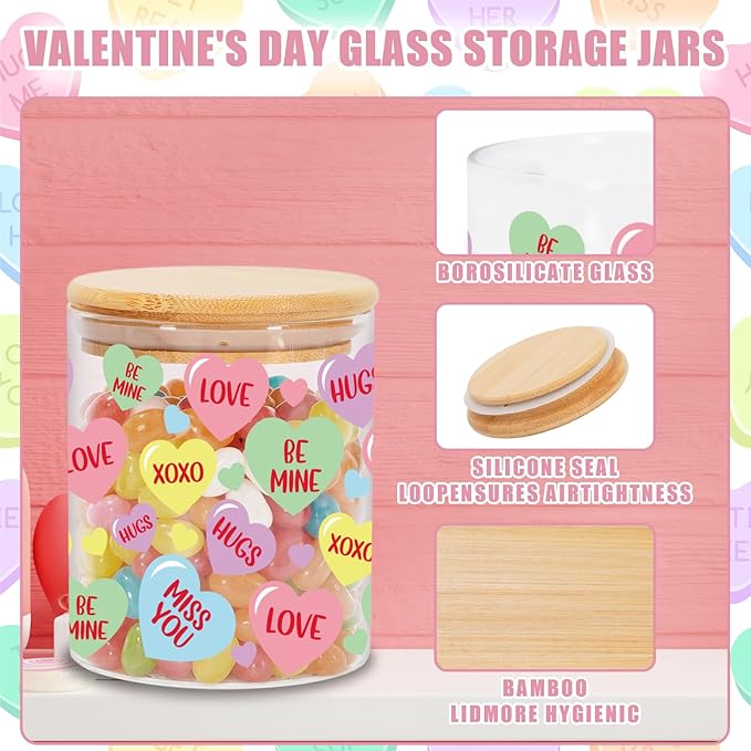 3Pcs Valentine Glass Storage Jars With Airtight Lid Pastel Conversation Heart Decorative Canisters Sets For Home Kitchen Countertop