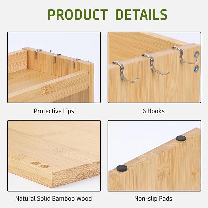 Bamboo Stove Top Shelf - Over The Stove Shelf for Kitchen, 31" Countertop Spice Rack Organizer Kitchen Space Savers, Protective Lips with 6 Hooks, Easy to Assemble