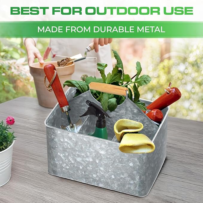 Plexon Silver Metal Caddy Table Utensil Caddy with Handle Galvanized Steel Utensil Holder for Party Metal Flatware Caddy Large Silverware Organizer Countertop for Kitchen Garden Patio Bathroom