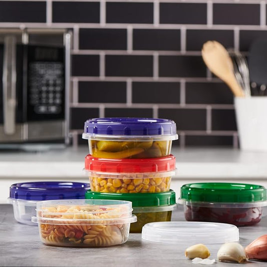 8 ounce Plastic Food Storage Containers with colored Twist Top Lids Reusable Leak Proof Deli Containers for Freezer Storage Meal Prep (12)
