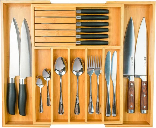 Wencrfat Silverware Drawer Organizer with Removable Knife Block and Dividers, Expandable Bamboo Kitchen Drawer Organizer, Flatware Utensil Cutlery Organizer for Drawer 8 Compartments