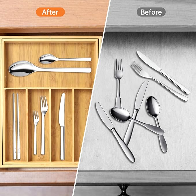 Expandable Bamboo Drawer Organizer for Utensils Holder, Drawer Dividers Organizer for Silverware, Flatware, Knives in Kitchen, Bedroom, Living Room as Housewarmings, Wedding, Bridal Shower Gifts