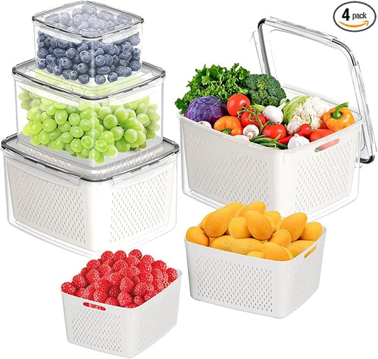Fruit Storage Containers for Fridge - 4PCS Food Storage Containers with Lids - Produce Containers for Fridge with Removable Colander - Keep Berry Fruit Vegetable Food Meat Fresh Longer
