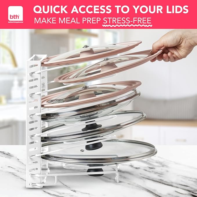 BTH Adjustable Pot Lid Organizer for Cabinet - Kitchen Storage Rack with 6 Adjustable Shelves, Pot Lid Holder, Pan and Pot Lid Storage, Perfect for Pantry & Inside Cabinet Organizer (White)