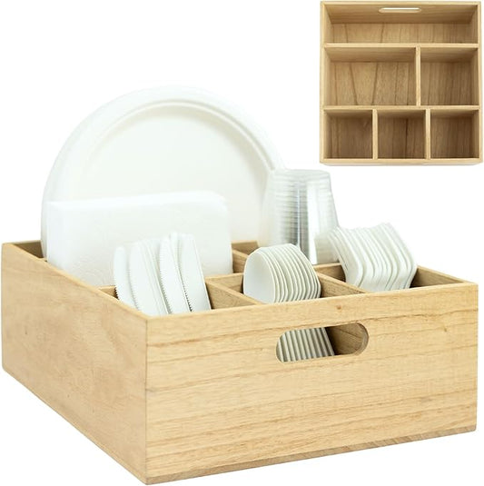 Large Wooden Silverware Caddy For Party, Holds Plates, Napkins, Cups, Forks, Spoons, and Knives, Utensil Holder for Party, Hosting Essentials, Cutlery Holder for Party, Flatware Caddy, Utensil Caddy