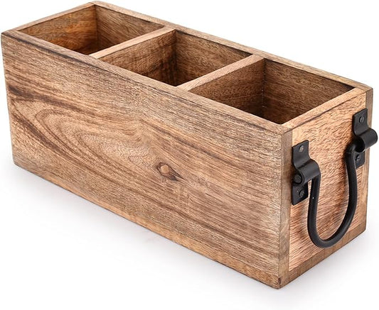 Samhita Mango Wood Cutlery Holder Caddy Organizer Wooden Utensil Storage Organizer Countertop for Silverware Fork Spoon Spatula 3 compartments (11" x 4" x 4.5")