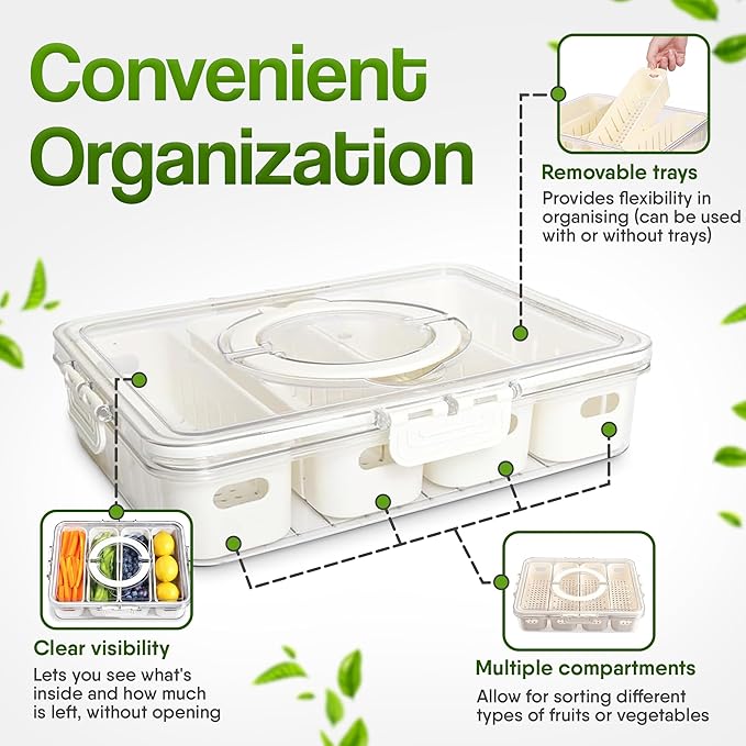[Dishwasher Safe] Snackle Box Container, Salad Bar Drawer, Fridge/Refrigerator Storage & Organizer for Vegetable, Fruit, Berry, Veggie Prep Tray with Lid & Strainer, Fresh Produce Keeper (4 Colander)