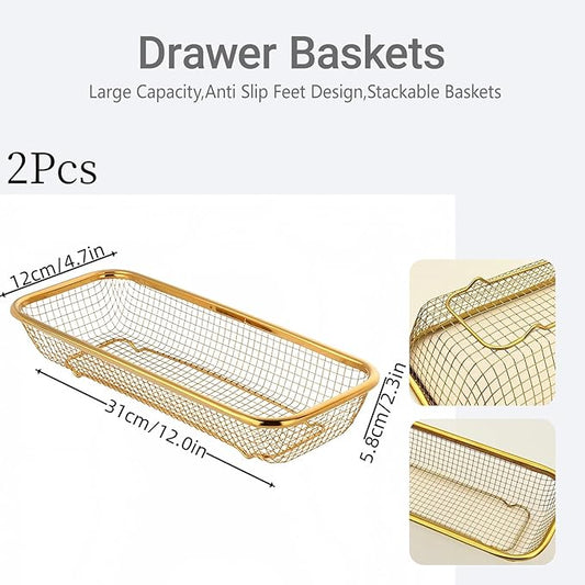 2-Pack Gold Flatware Organizer - Sturdy Mesh Design, Dishwasher-Safe & Easy-Clean Utensil Holder, Silverware Container Drawer Storage
