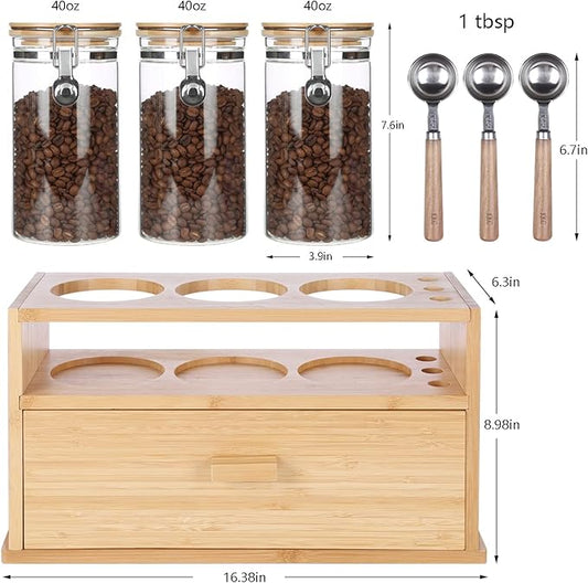 KKC HOME ACCENTS Bamboo Countertop Tea & Coffee Organizer with Airtight Glass Containers and Tea Bags Drawer