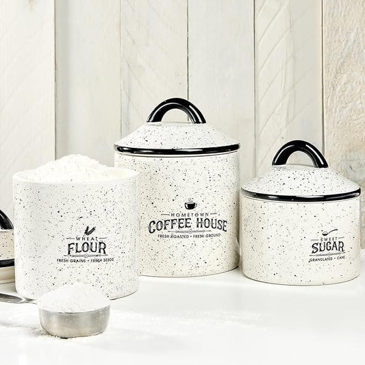 American Atelier Canister Set 3-Piece Ceramic Jars in Small, Medium, Large with Airtight Lids for Cookies, Candy, Coffee, Flour, Sugar, Rice, Pasta, Cereal & More (Hometown Coffee House)