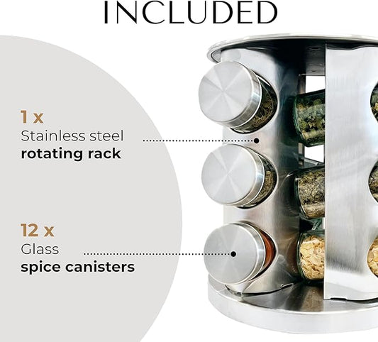 Rotatable Stainless Steel Spice Seasoning Organizer Rack with 12 Glass Jars, Ideal for Storing Spices, Salt, Pepper, Sugar and Dry Ingredients