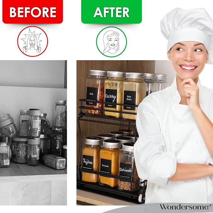 Wondersome Pull-Out Spice Rack Organizer for Cabinet Shelf - Matt Black - 2-Tier Kitchen Jars Organization and Storage Tray - EZ-Slide Rolling Drawer Wheels - Assembles in Moments - US-Based Brand
