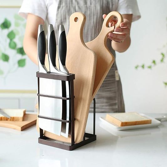 VANRA Metal Steel Cutting Board Holder Knife Block Kitchen Organizer Pantry Bakeware Rack Pan Pot Cover Lid Rack Stand (Bronze)
