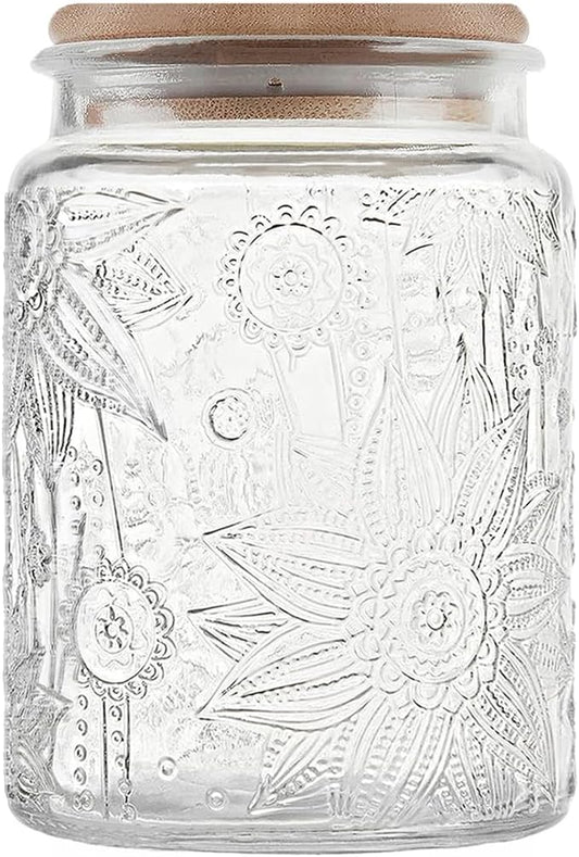 Vintage Glass Jar with Bamboo Lid, 23.7 fl oz - Airtight Decorative Food Storage Canisters for Kitchen Counter, Ideal for Candy, Sugar, Coffee, Tea,Cute Jar(Sunflower*1)